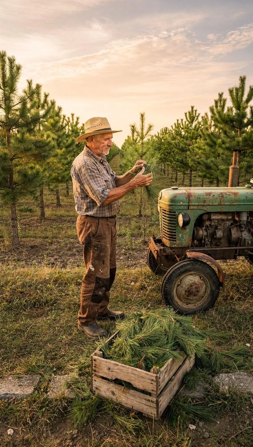 Egy erdei táj, ahol a fenyők zöldellnek és a napfény átsüt rajtuk.