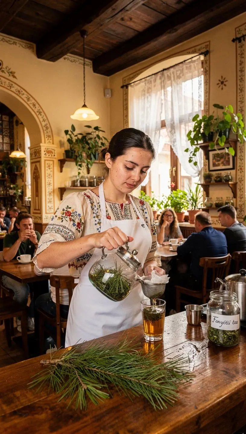 Fenyőtű tea gőzölgő csészében, friss zöld fenyőágakkal díszítve.