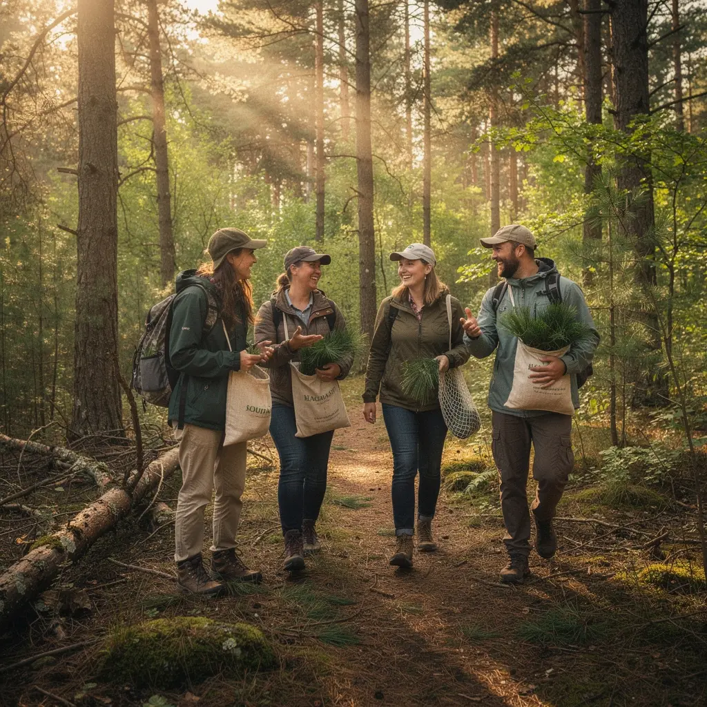 Frissen főzött fenyőtű tea, mellette egy fenyőág és néhány fenyőmag.
