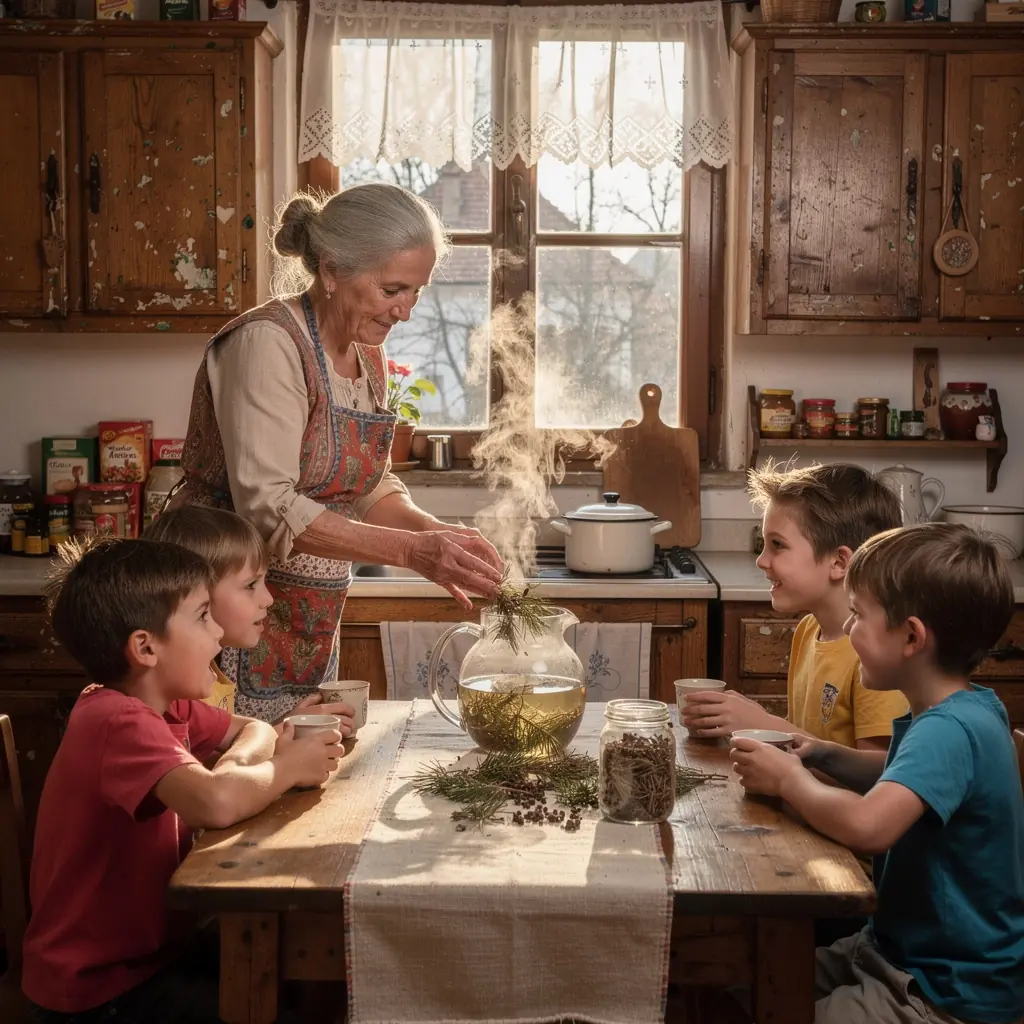 Szép, zöld fenyőtűk a teás csésze mellett, természetes háttérrel.