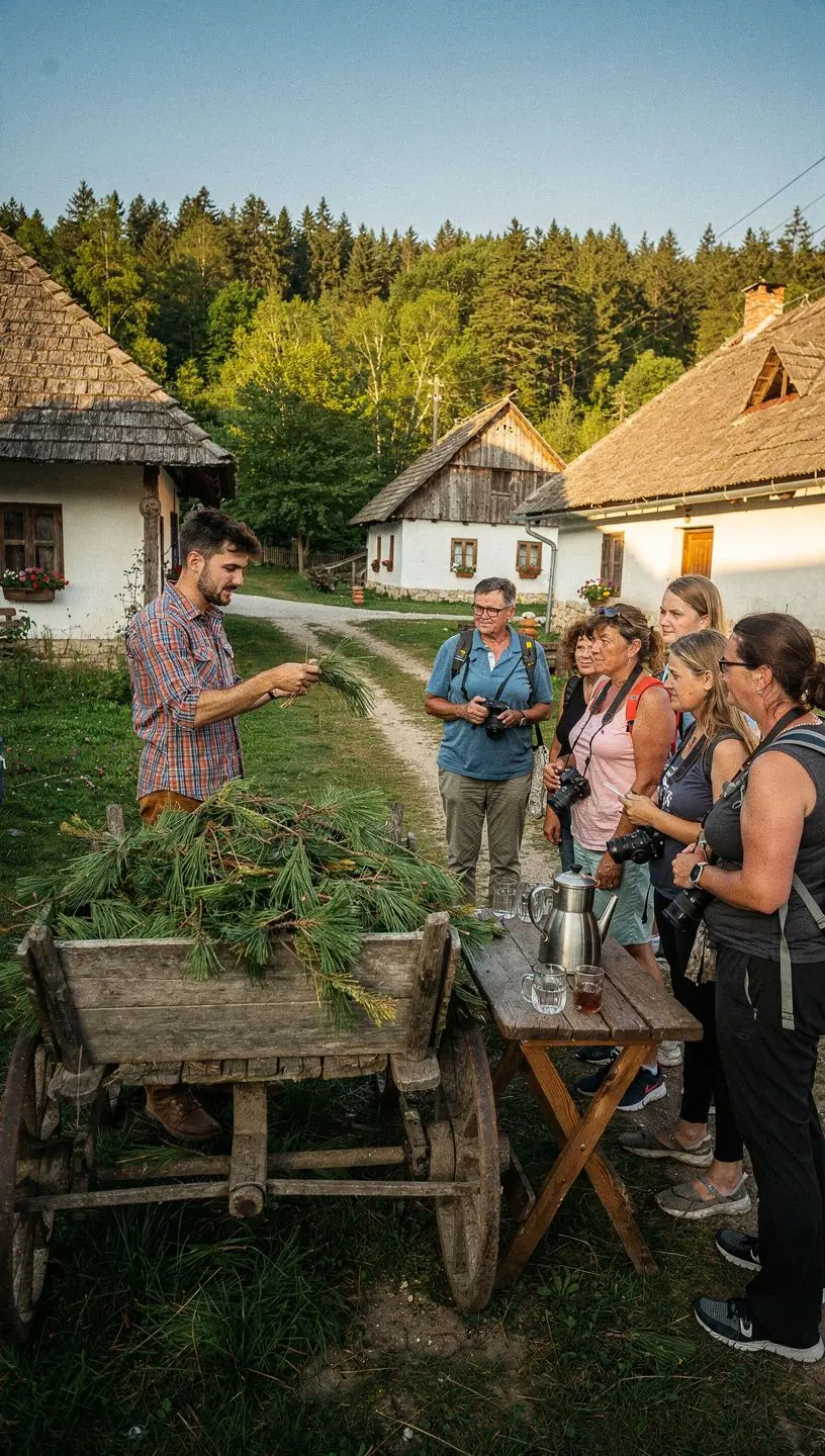 Fenyőerdő látképe, ahol a fenyőtűk szüretelése történik az őszi napsütésben.